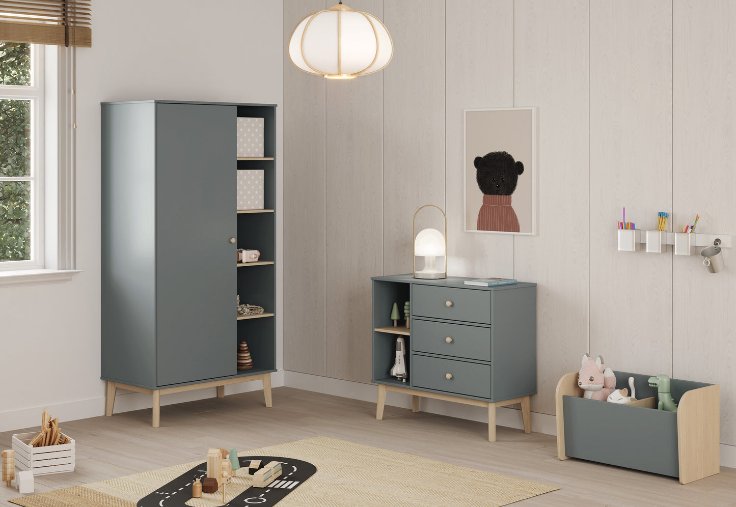 Habitación de juegos para niños con armario, comoda y baúl