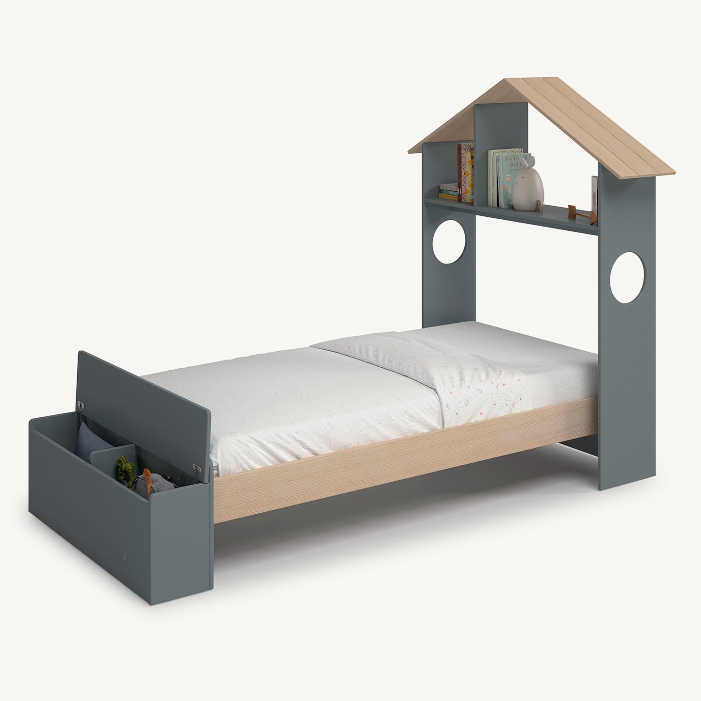Cama casita infantil 90x190 en color verde con estante y arcón inferior