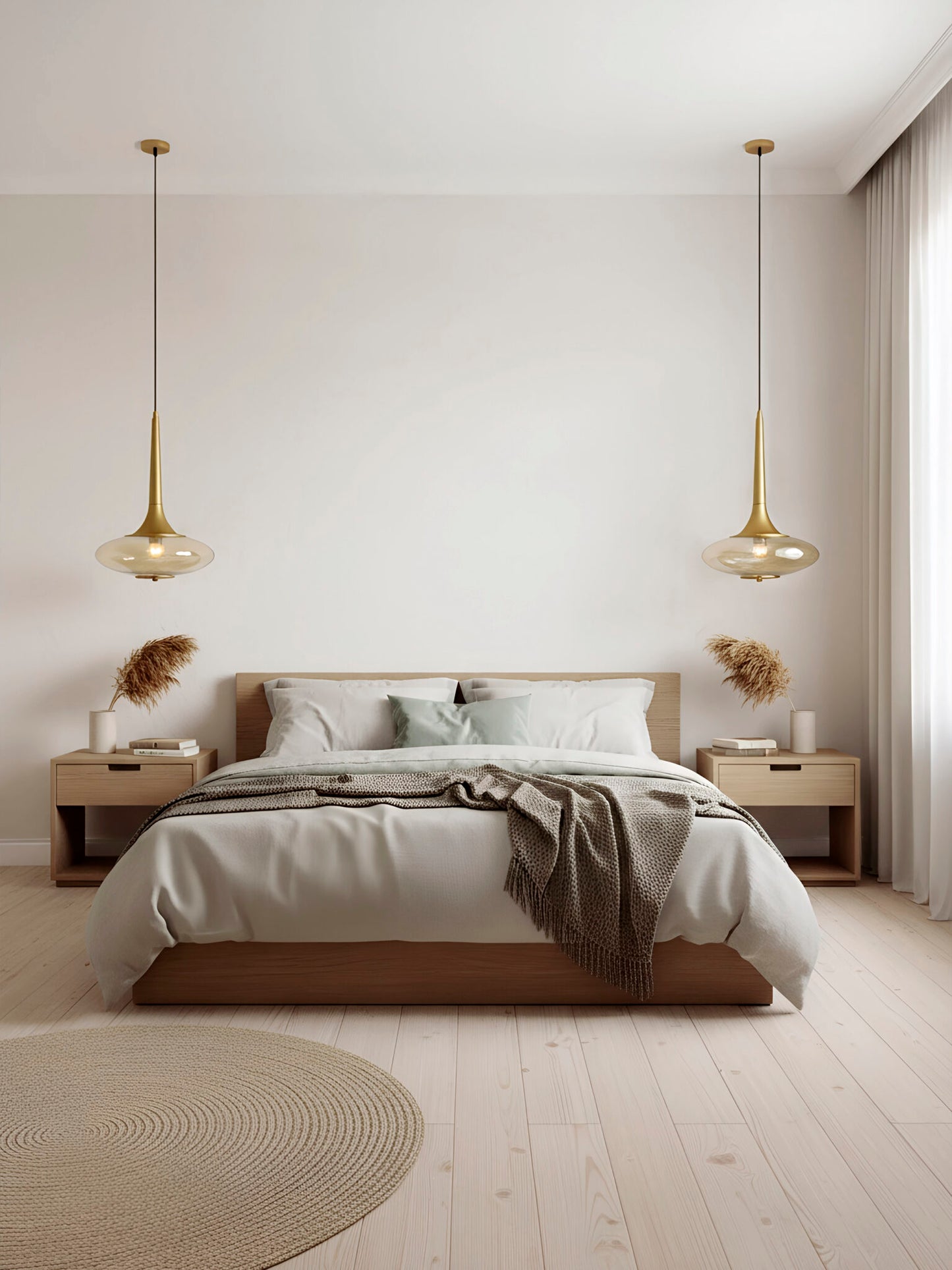 Lámpara de techo o colgante, en color oro. Fabricada de acero con un portalámparas de cristal ahumado.