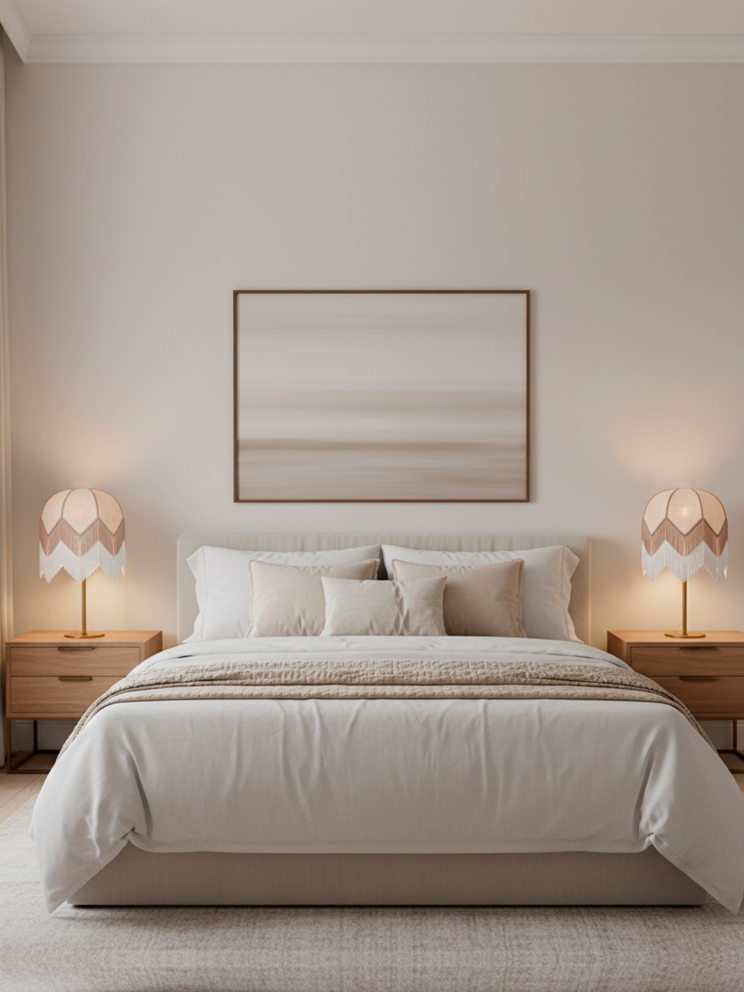 Lámpara de mesa en tonos de color rosa palo, blanco y oro. Fabricada de metal y tejido en pantalla