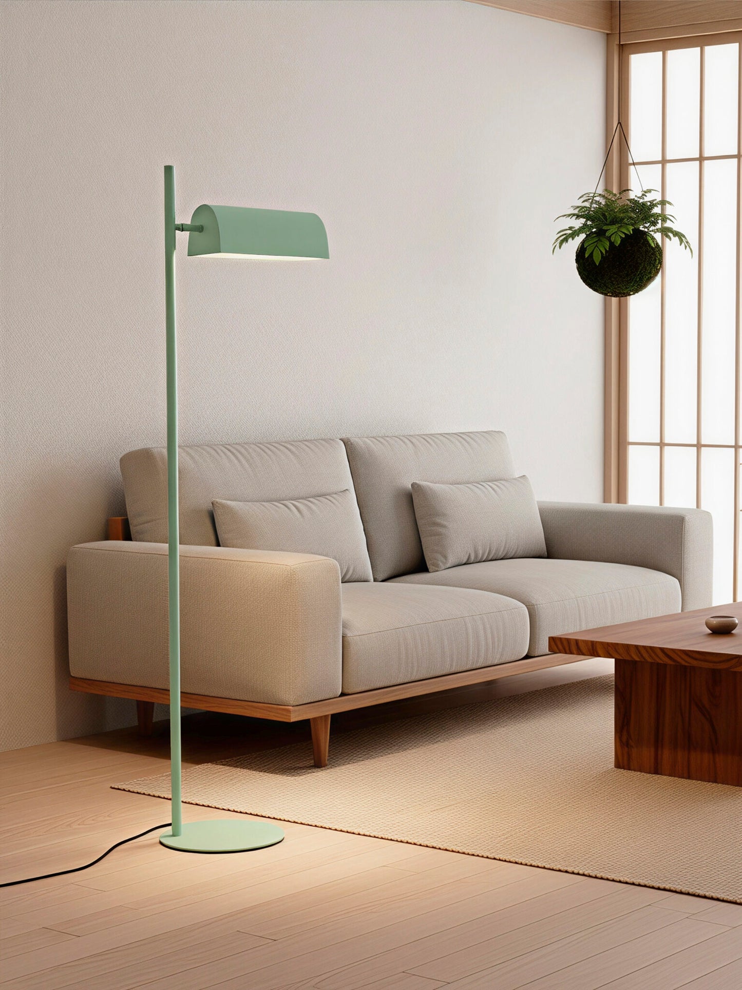 Lámpara de pie en color verde mint, fabricada de acero con un portalámparas.