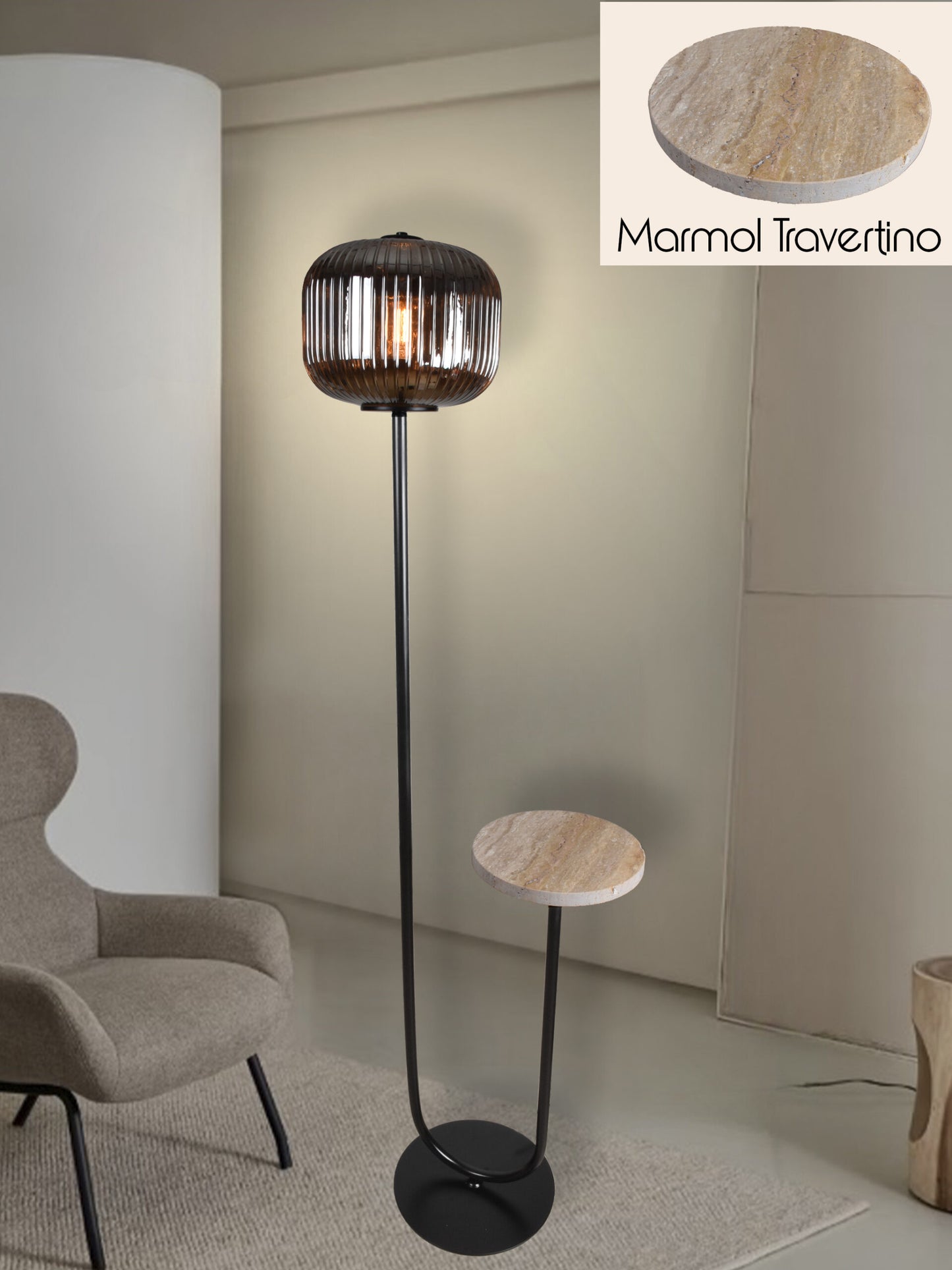 Lámpara de pie, color negro de mármol travertino