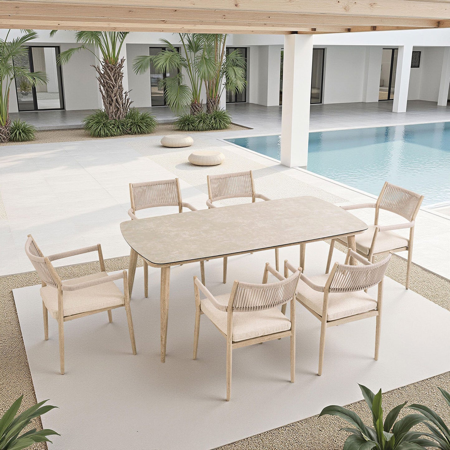 Mesa de comedor de exterior imitación madera y con porcelánico