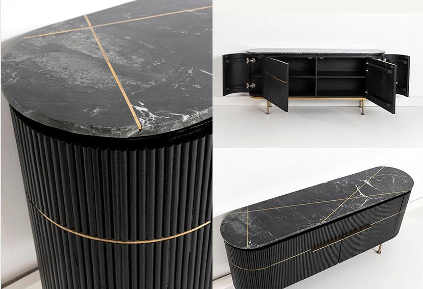 Aparador negro y dorado, en madera de mango, metal y mármol