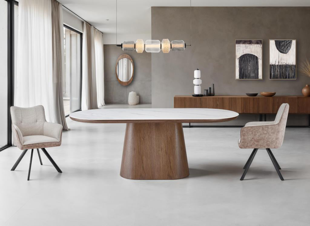 mesa ovalada de nogal y porcelánico