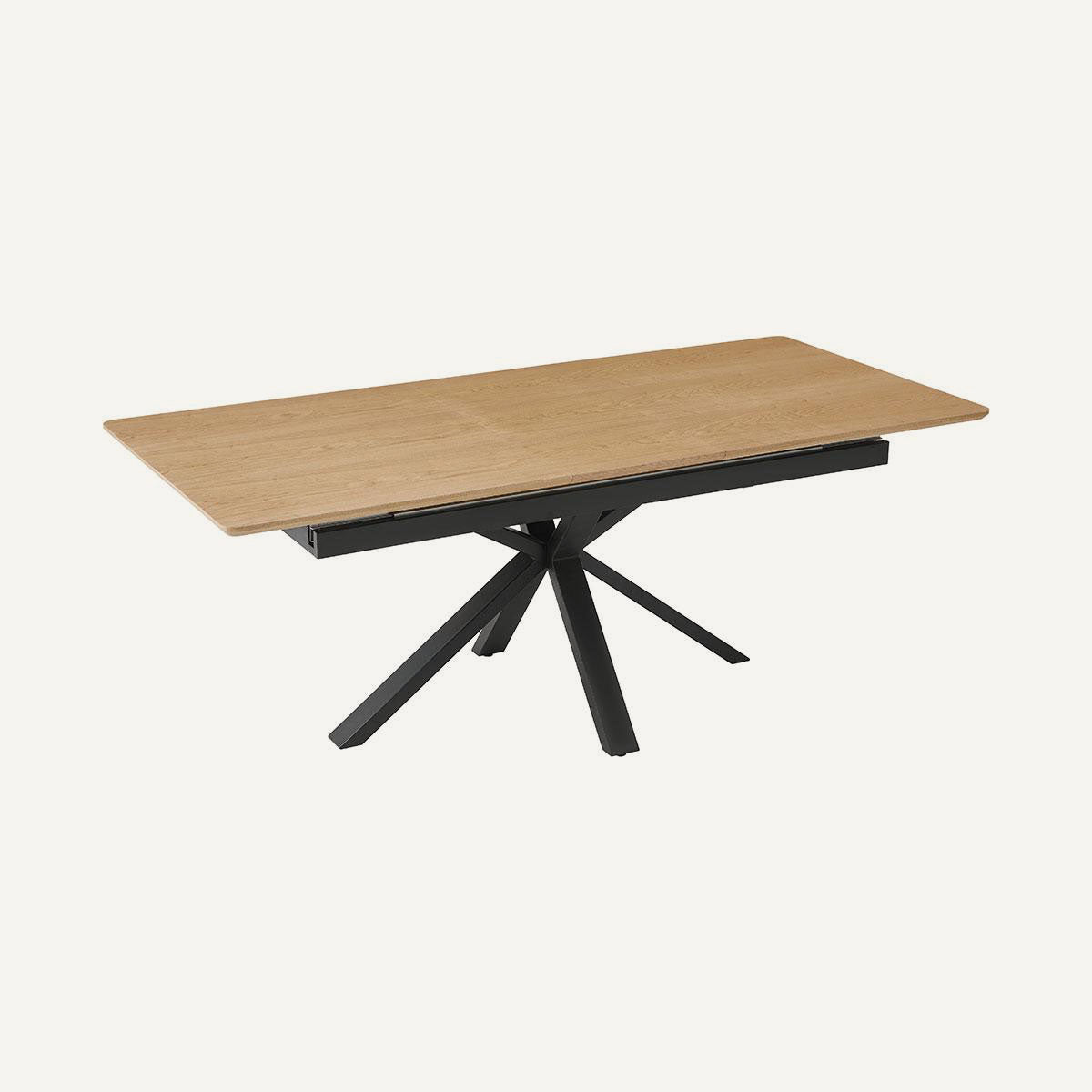 Mesa de comedor, extensible, marrón y negra, de madera de fresno y metal