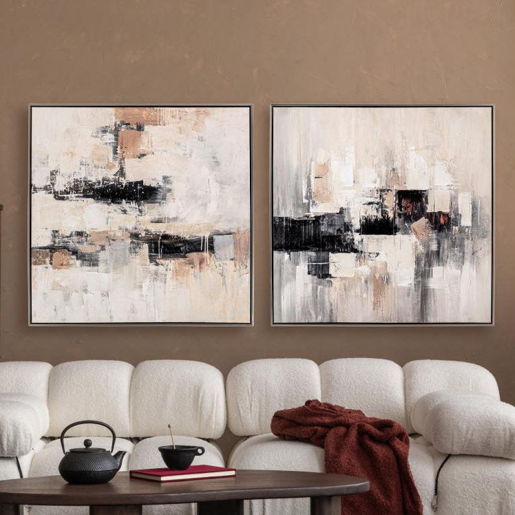 Cuadro óleo sobre lienzo, set de dos, en tonalidades de color, fabricado de metal y madera