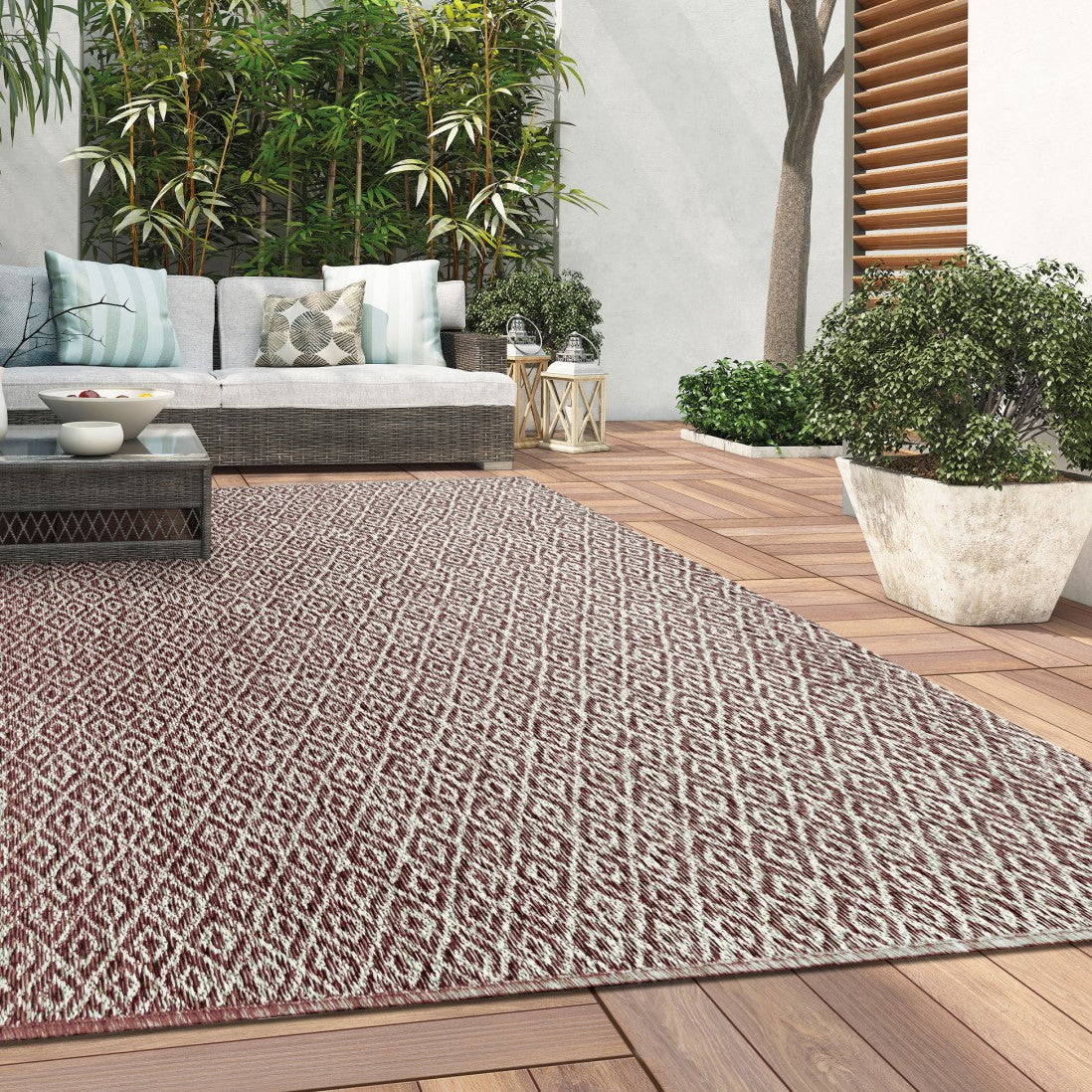 Alfombra de interior y exterior con rombos roja