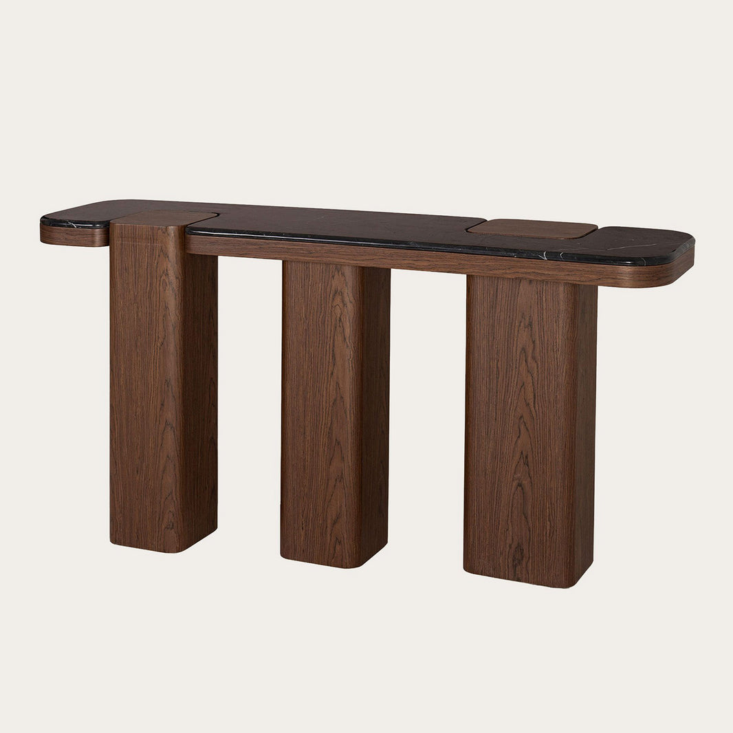 Consola en mármol negro y madera de nogal Delfos