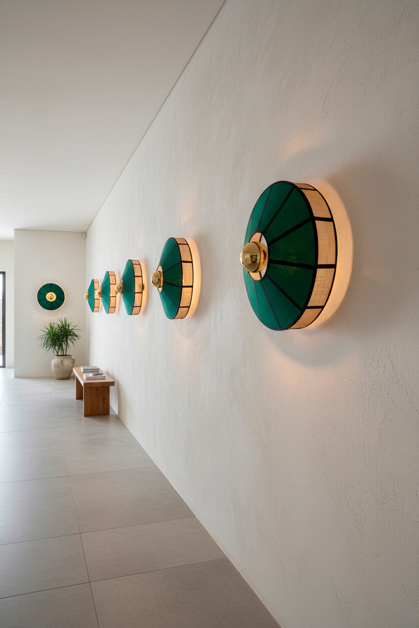 Aplique de pared en color verde y dorado, fabricado de metal y textil.