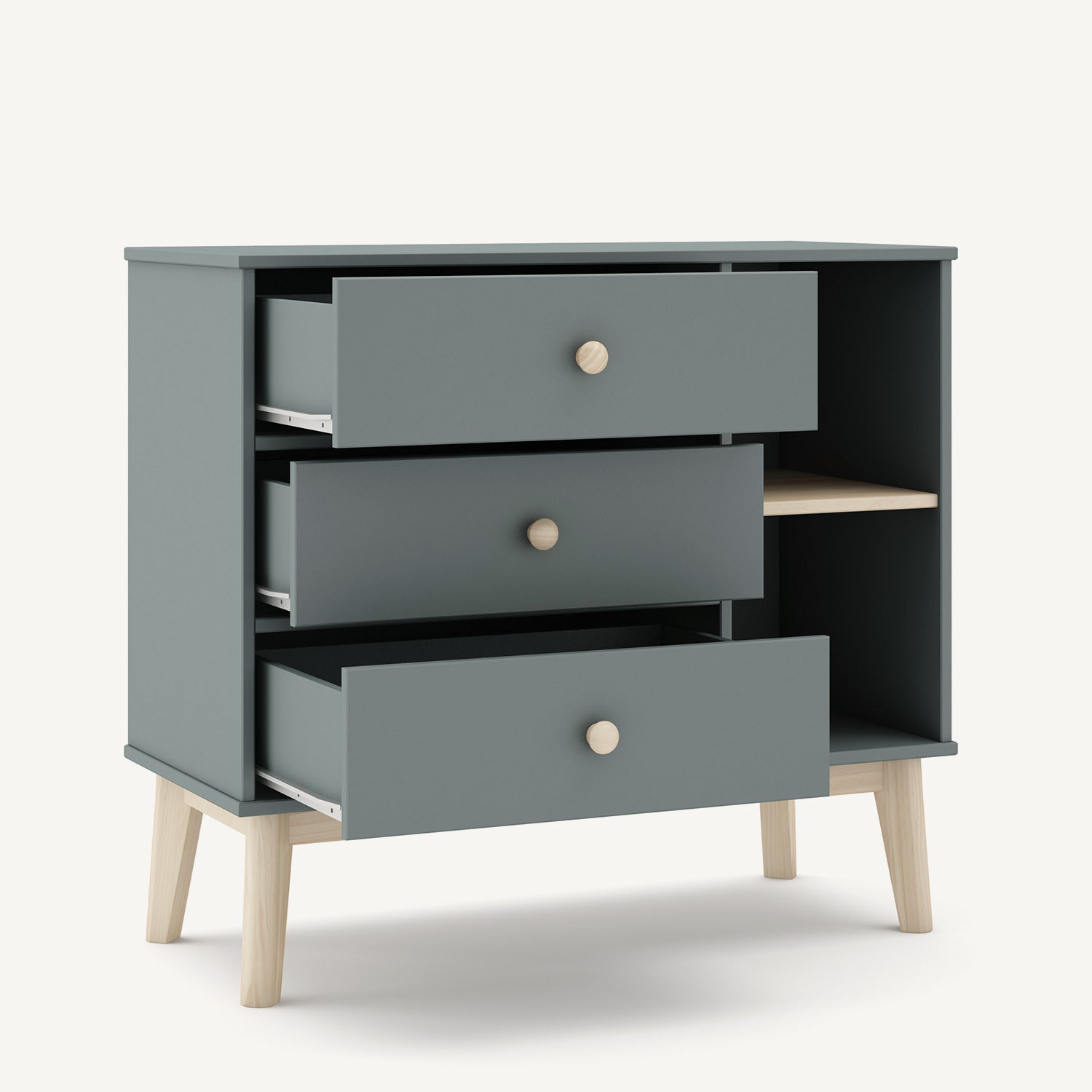 Cómoda de madera con 3 cajones y espacio abierto lateral con estantes