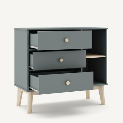 Cómoda de madera con 3 cajones y espacio abierto lateral con estantes