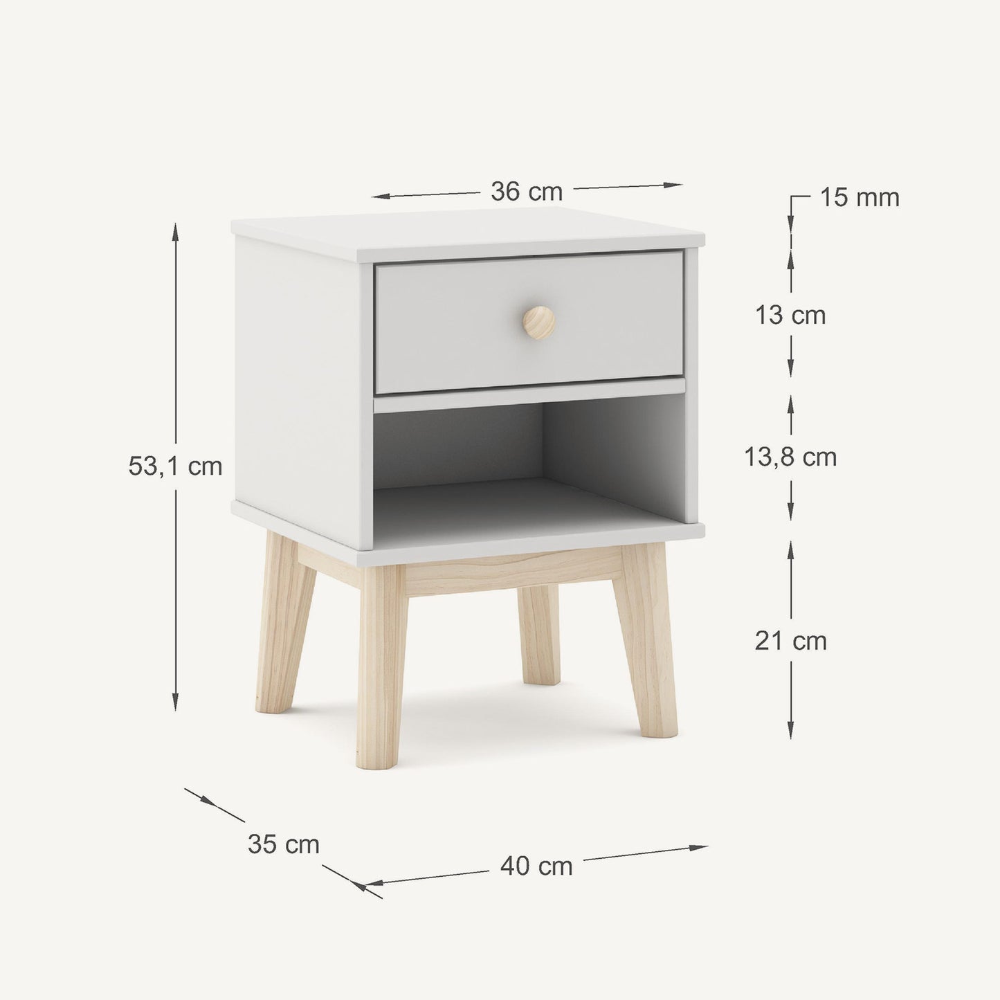 Mesita de noche juvenil en blanco y madera de estilo contemporáneo