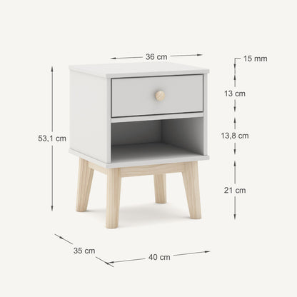 Mesita de noche juvenil en blanco y madera de estilo contemporáneo