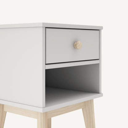 Mesita de noche juvenil en blanco y madera de estilo contemporáneo