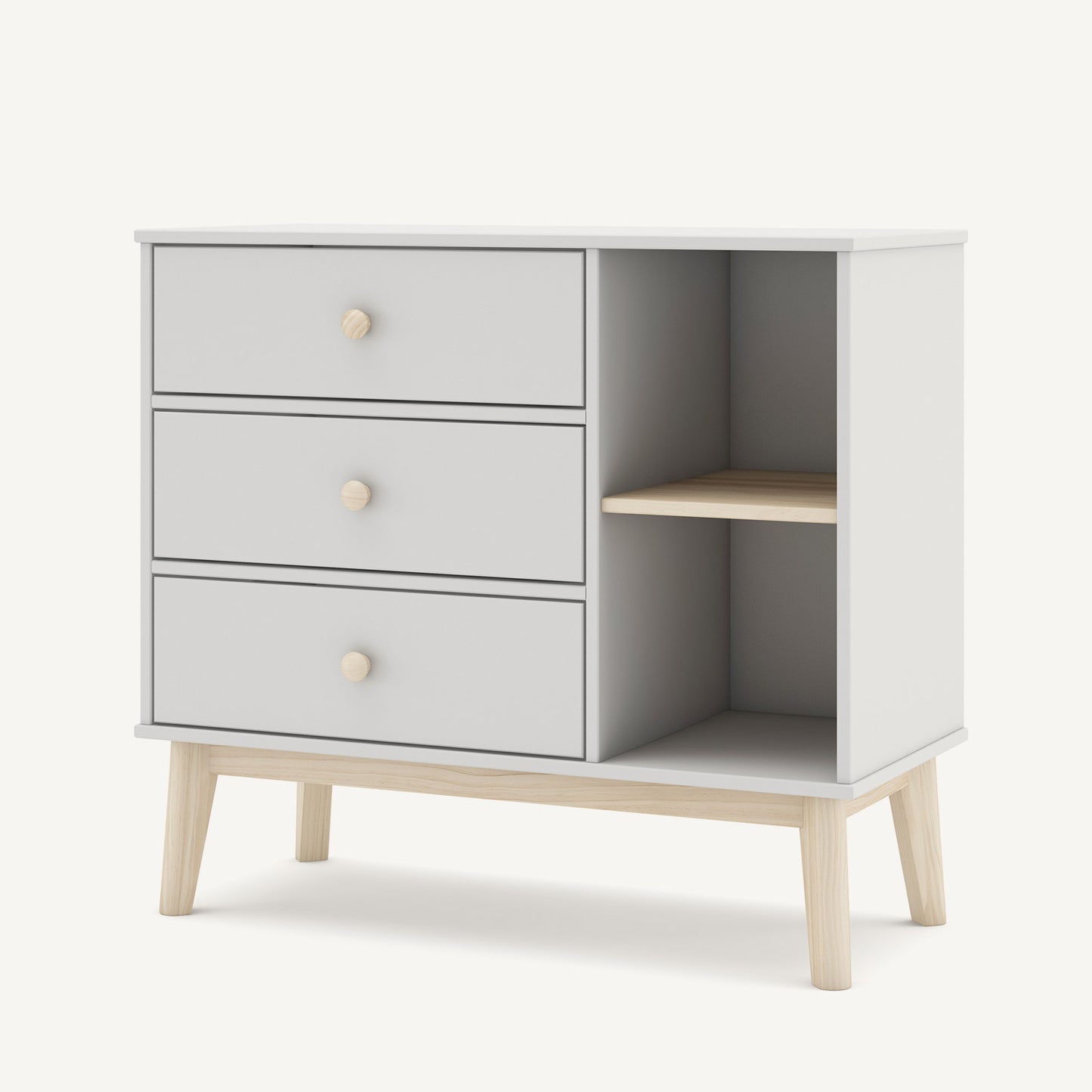 Cómoda de madera con cajones y estante lateral en color blanco