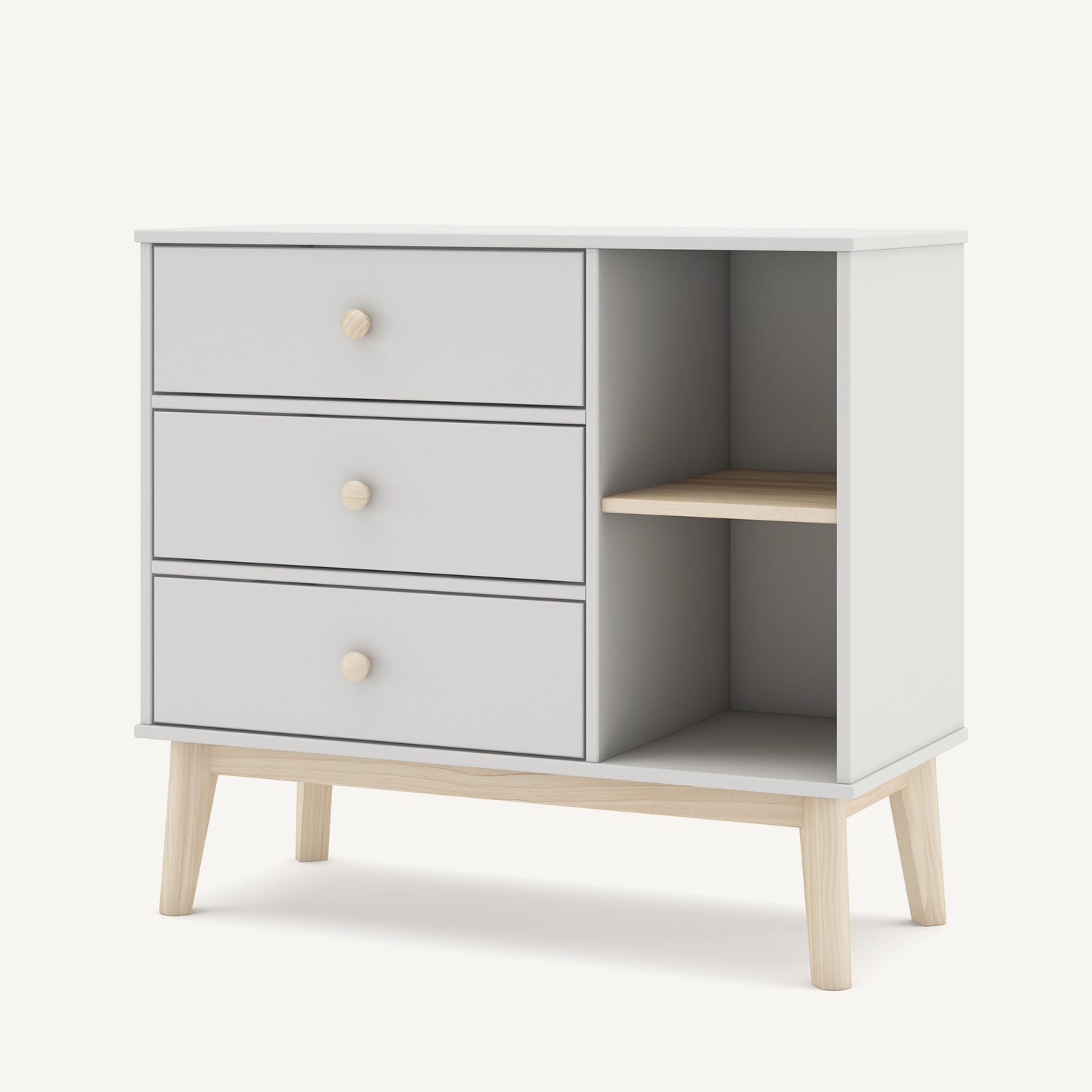 Cómoda de madera con cajones y estante lateral en color blanco