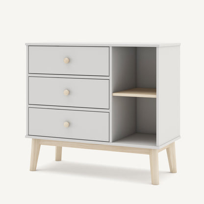 Cómoda de madera con cajones y estante lateral en color blanco