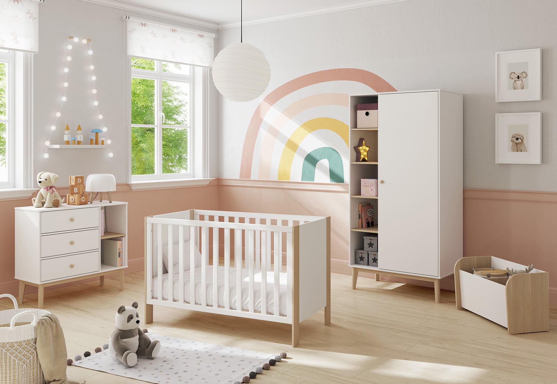 Dormitorio para bebé en blanco de diseño con cuna, cómoda con cajones y armario.