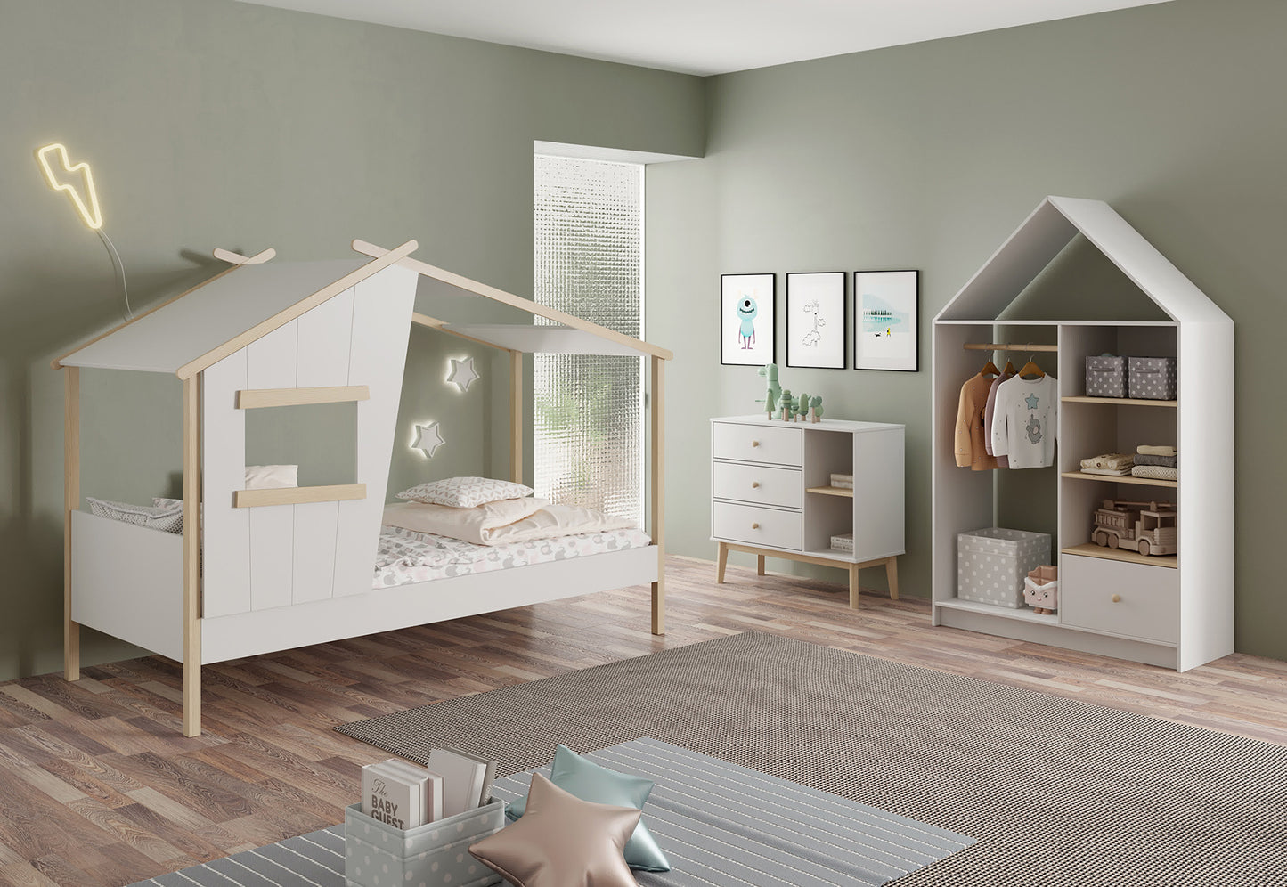 Dormitorio infantil creativo en blanco con cama cabaña, cómoda con cajones y armario vestidor.