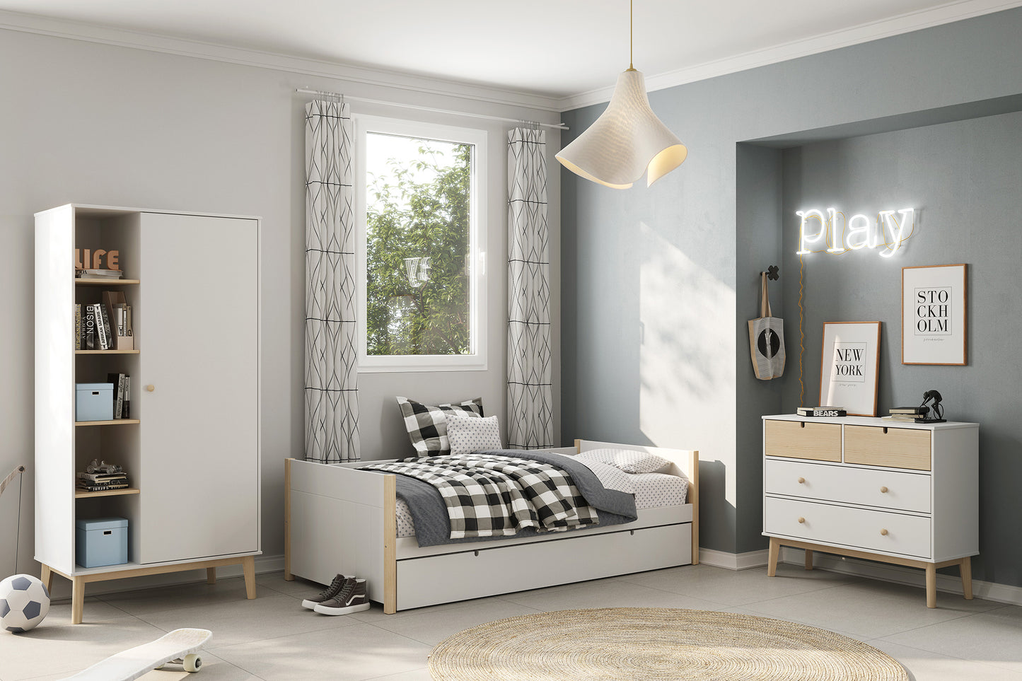 Dormitorio con cama nido en blanco de diseño con armario y cómoda