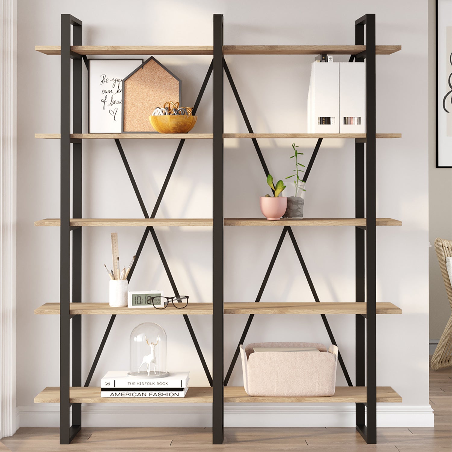 Estantería de madera melamina y metal negro con cinco baldas
