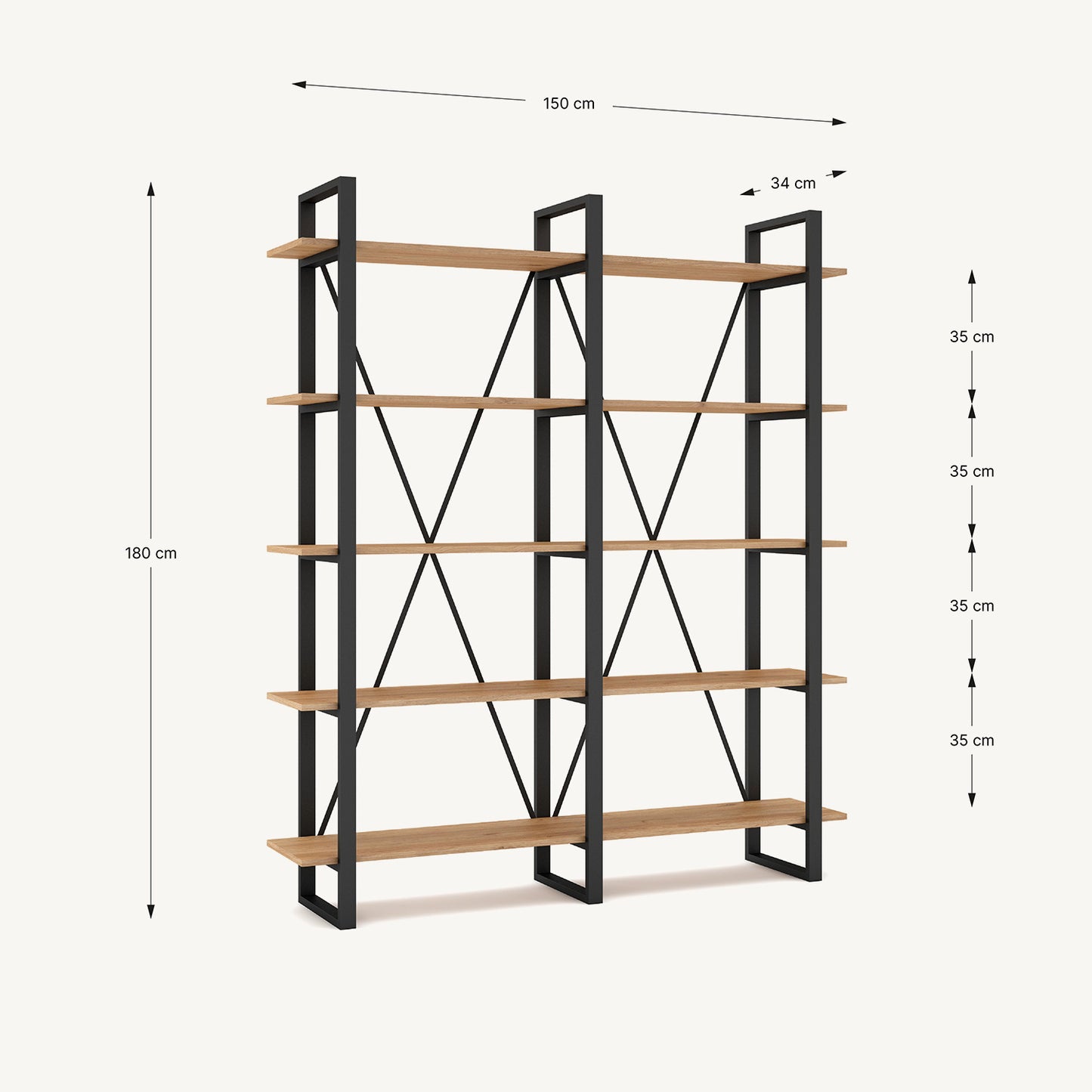 Estantería de madera melamina y metal negro con cinco baldas