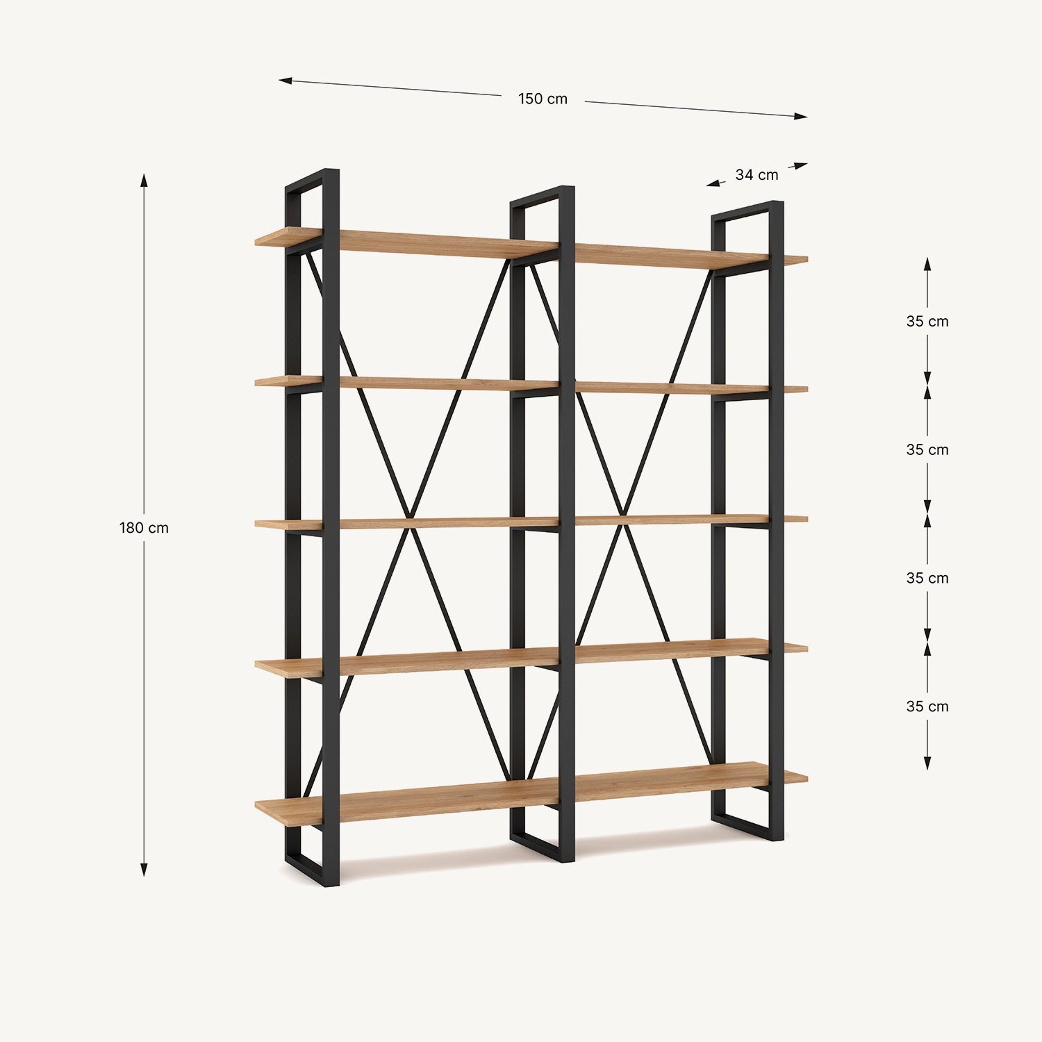 Estantería de madera melamina y metal negro con cinco baldas