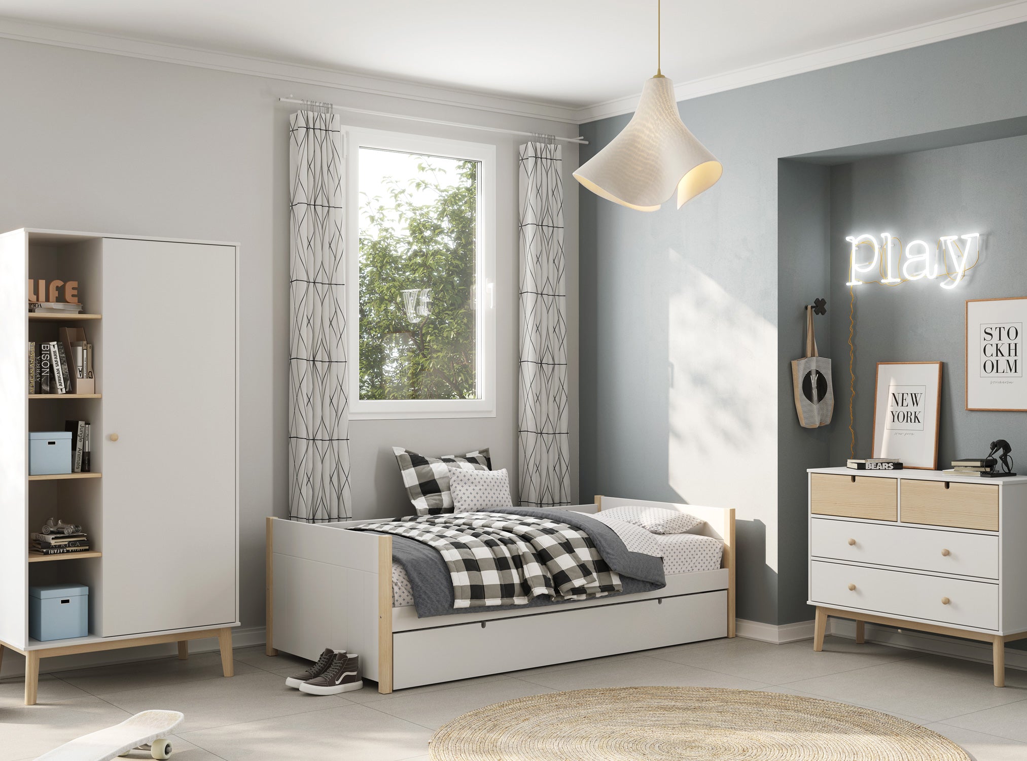 Habitación niños en blanco y madera con cama inferior extraíble