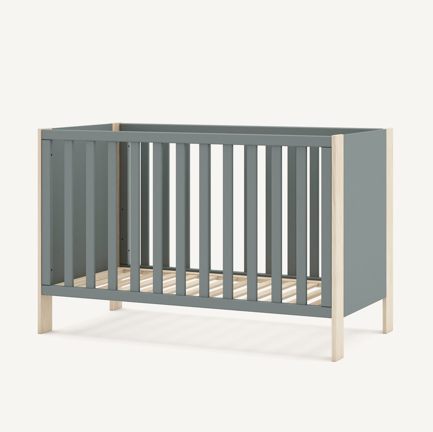 Cuna infantil verde con estructura de madera de pino natural