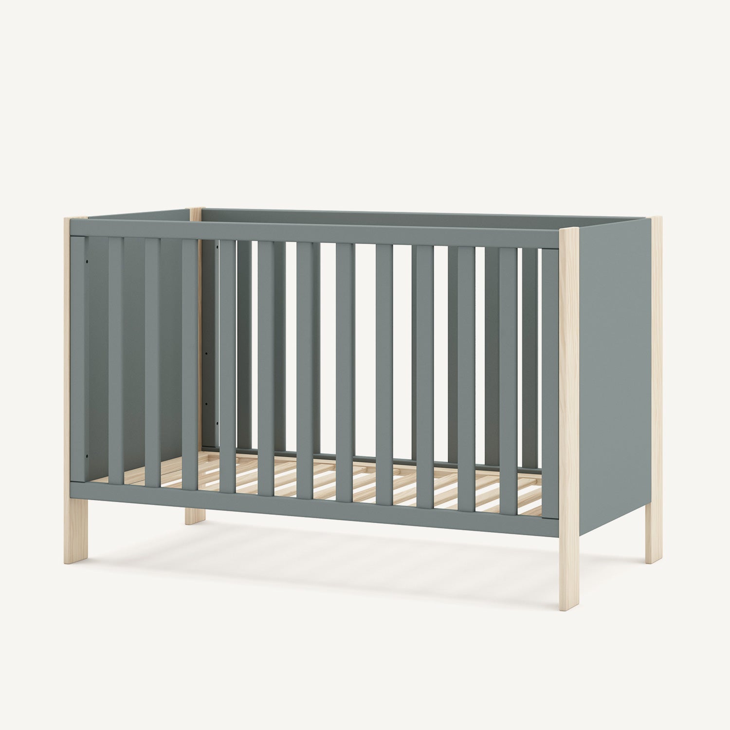 Cuna infantil verde con estructura de madera de pino natural