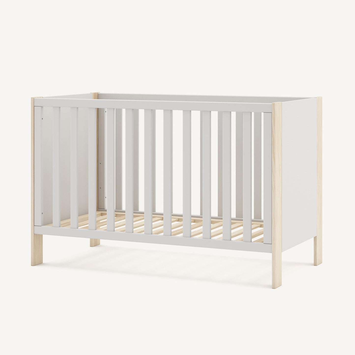 Cuna infantil blanca con estructura de madera de pino natural