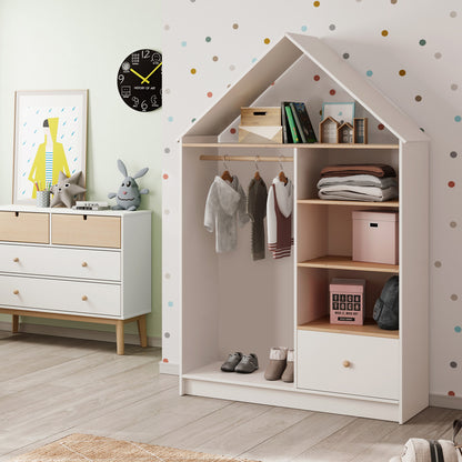 Vestidor infantil abierto con cajón y estantes en color blanco