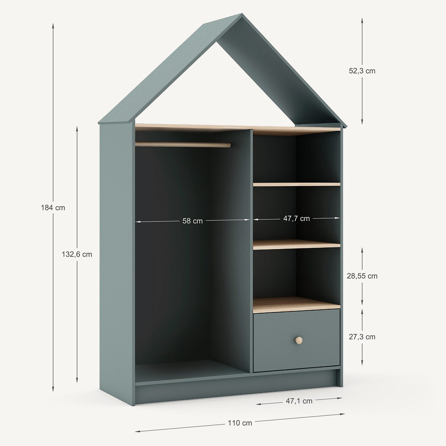 Vestidor infantil verde con diseño tipo casita y barra de madera