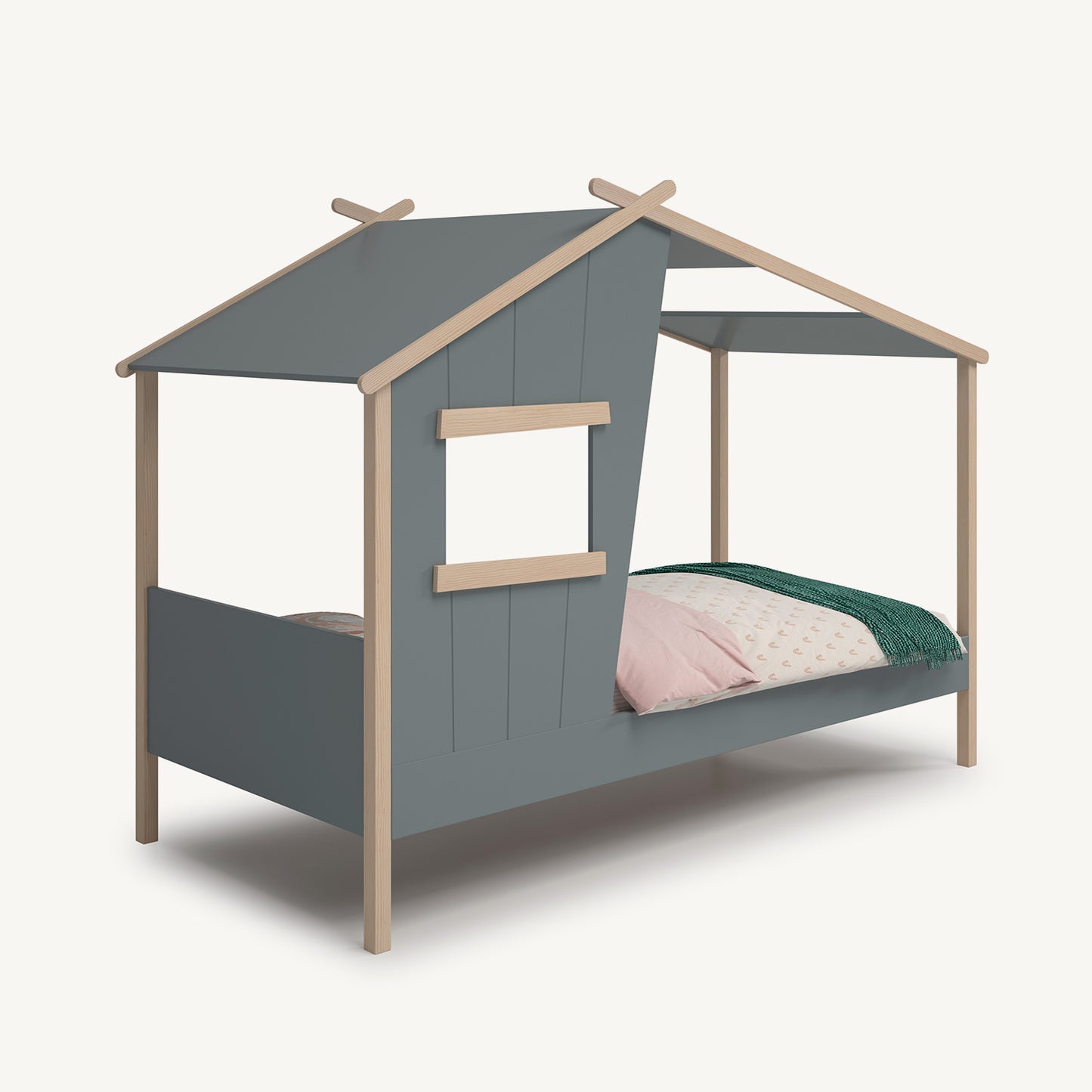 Cama infantil tipo casita verde kaki de madera con diseño de refugio