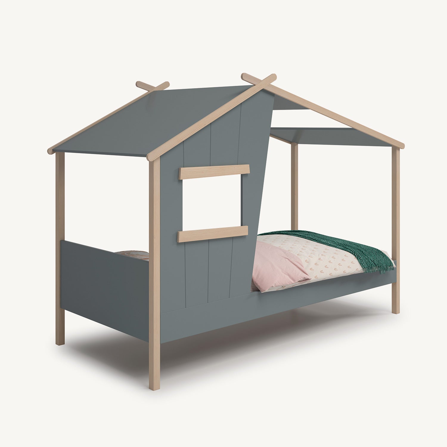 Cama infantil tipo casita verde kaki de madera con diseño de refugio