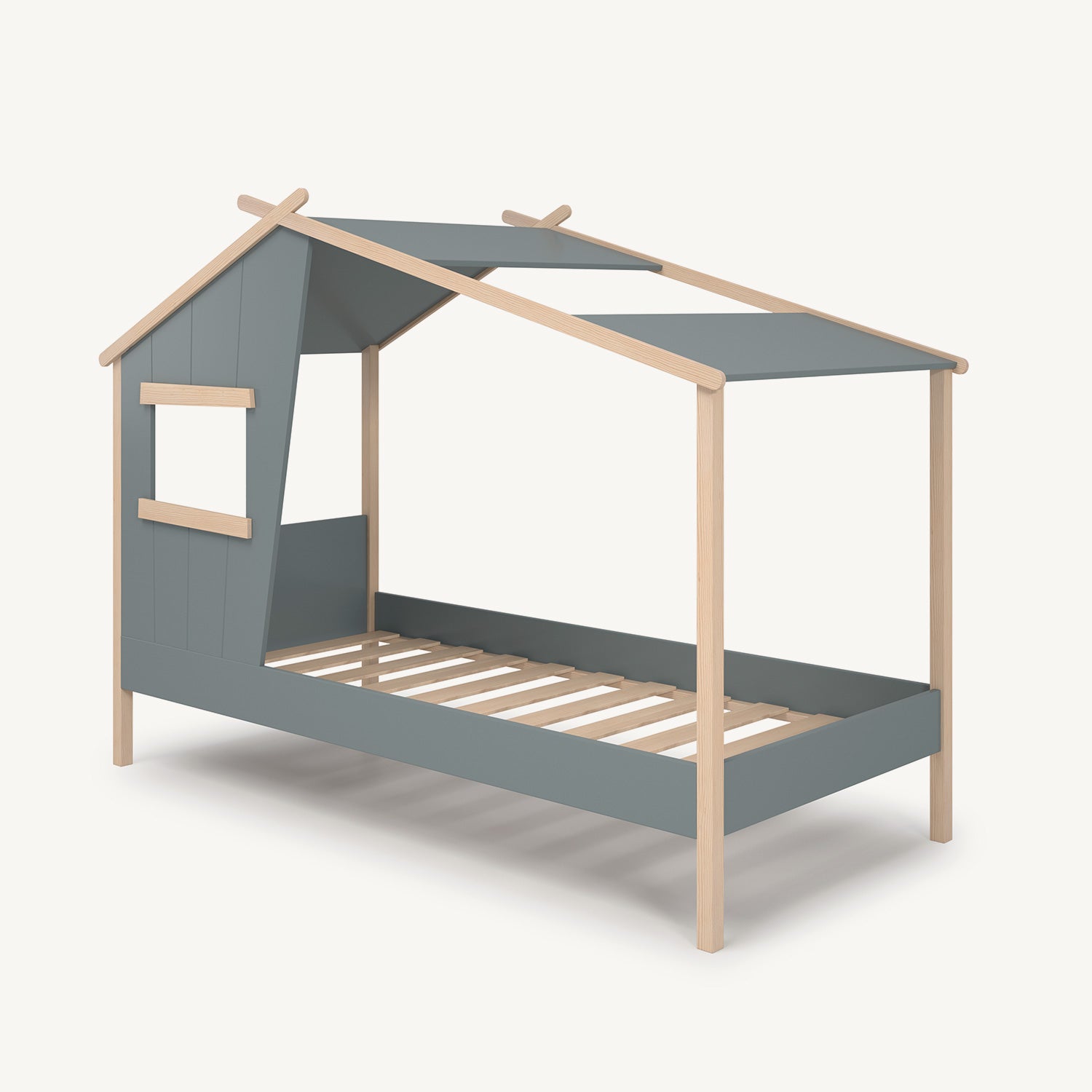 Cama cabaña dormitorio infantil en madera con acabado verde y pino natural