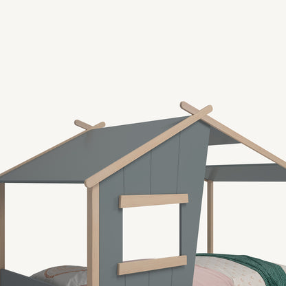 Cama cabaña infantil estilo casita con techo y diseño en verde kaki