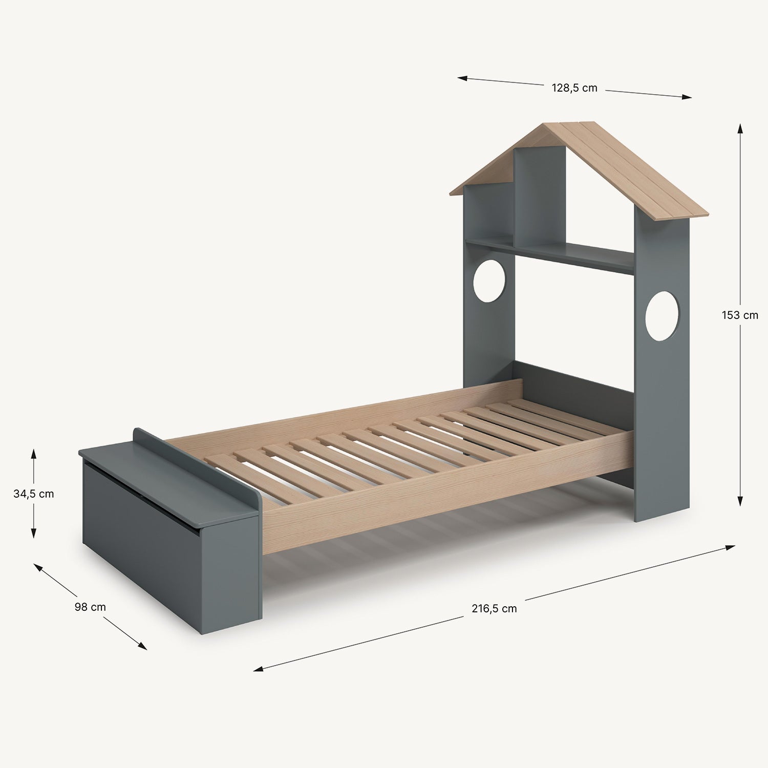 Cama infantil casita con estante en cabecero y baúl inferior en color verde
