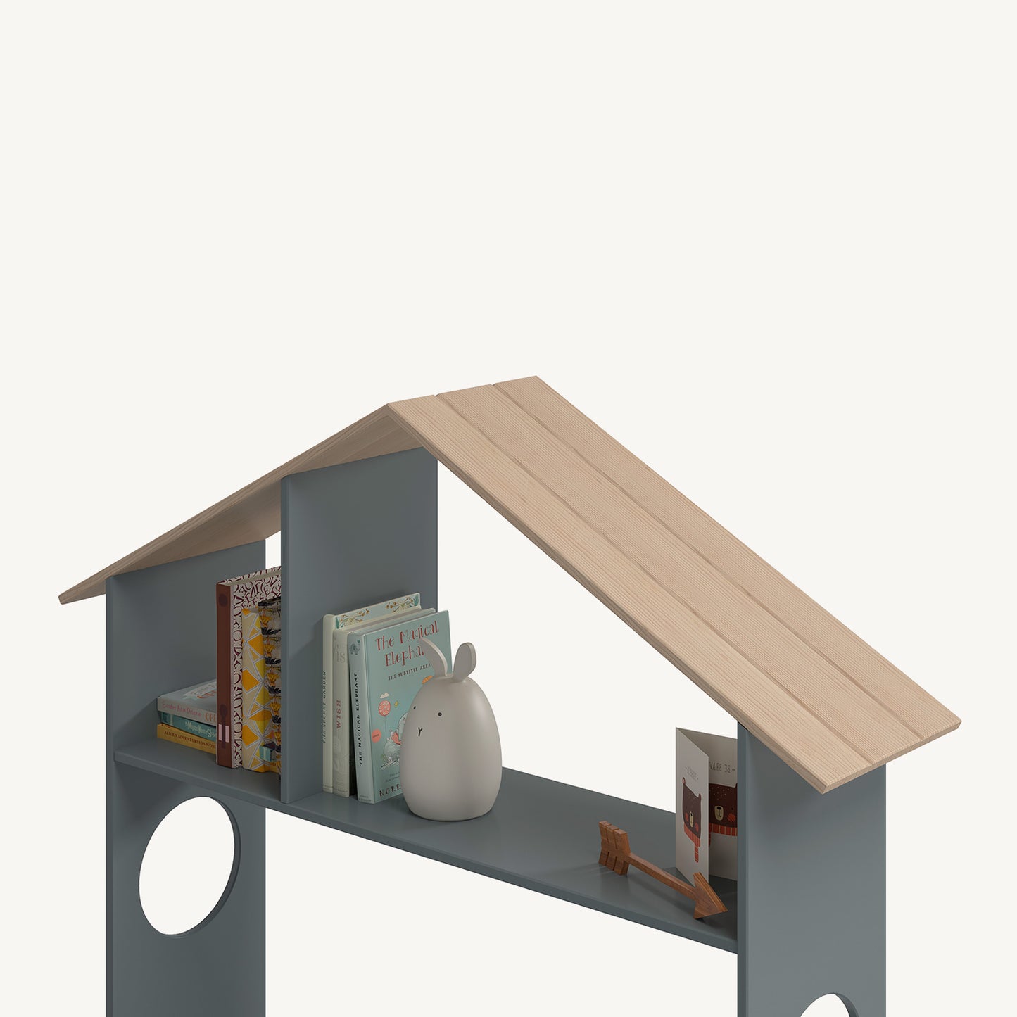 Cama tipo casa infantil verde kaki con estructura de madera y almacenaje