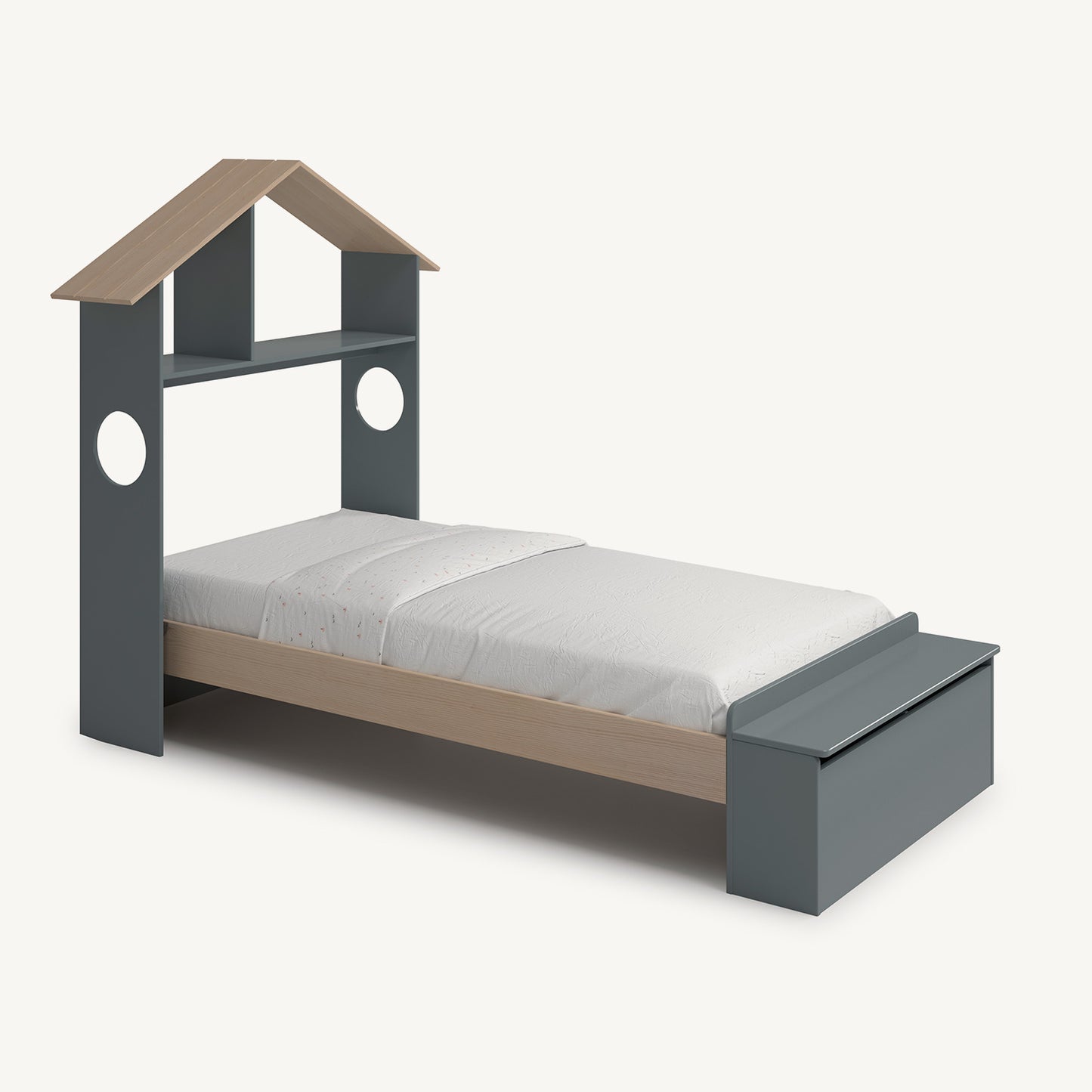 Cama casita infantil 90x190 en color verde con estante y arcón inferior