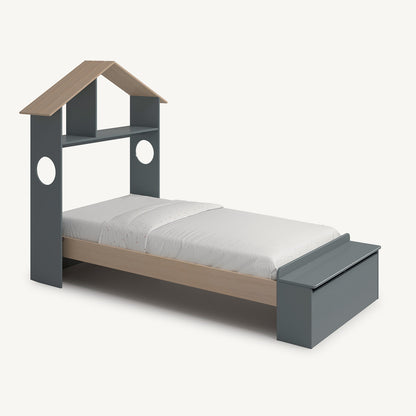 Cama casita infantil 90x190 en color verde con estante y arcón inferior