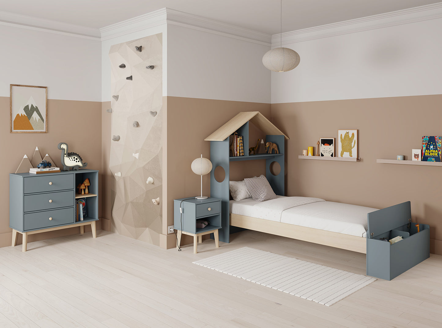 Cama infantil tipo casita verde kaki de madera con cajón de almacenaje