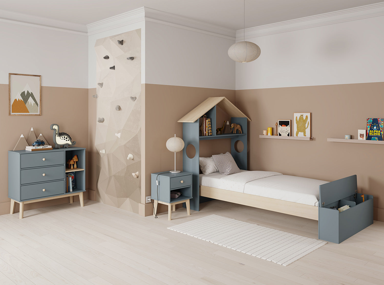 Cama infantil tipo casita verde kaki de madera con cajón de almacenaje