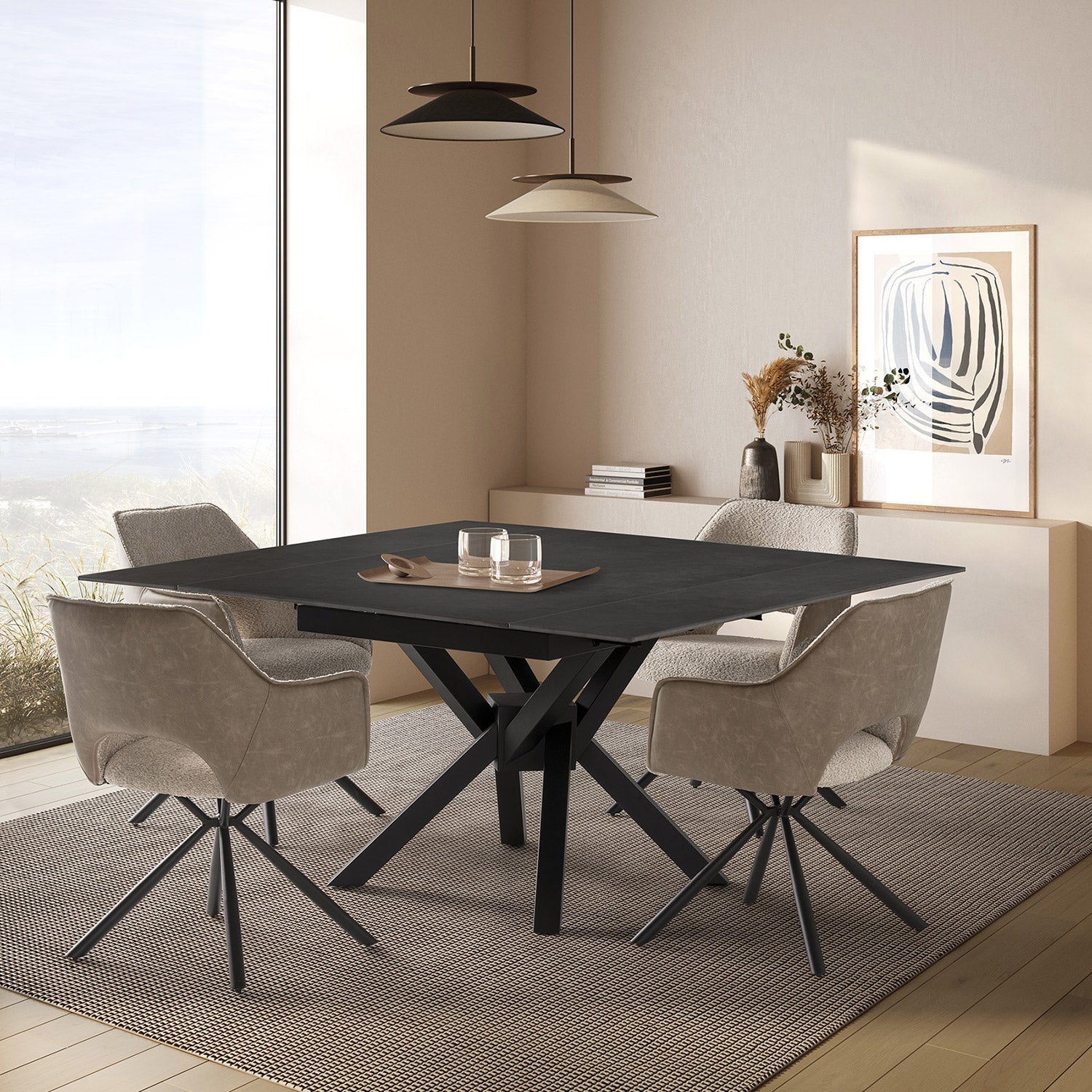 Mesa de comedor Arlene Cuadrada Extensible de piedra y metal