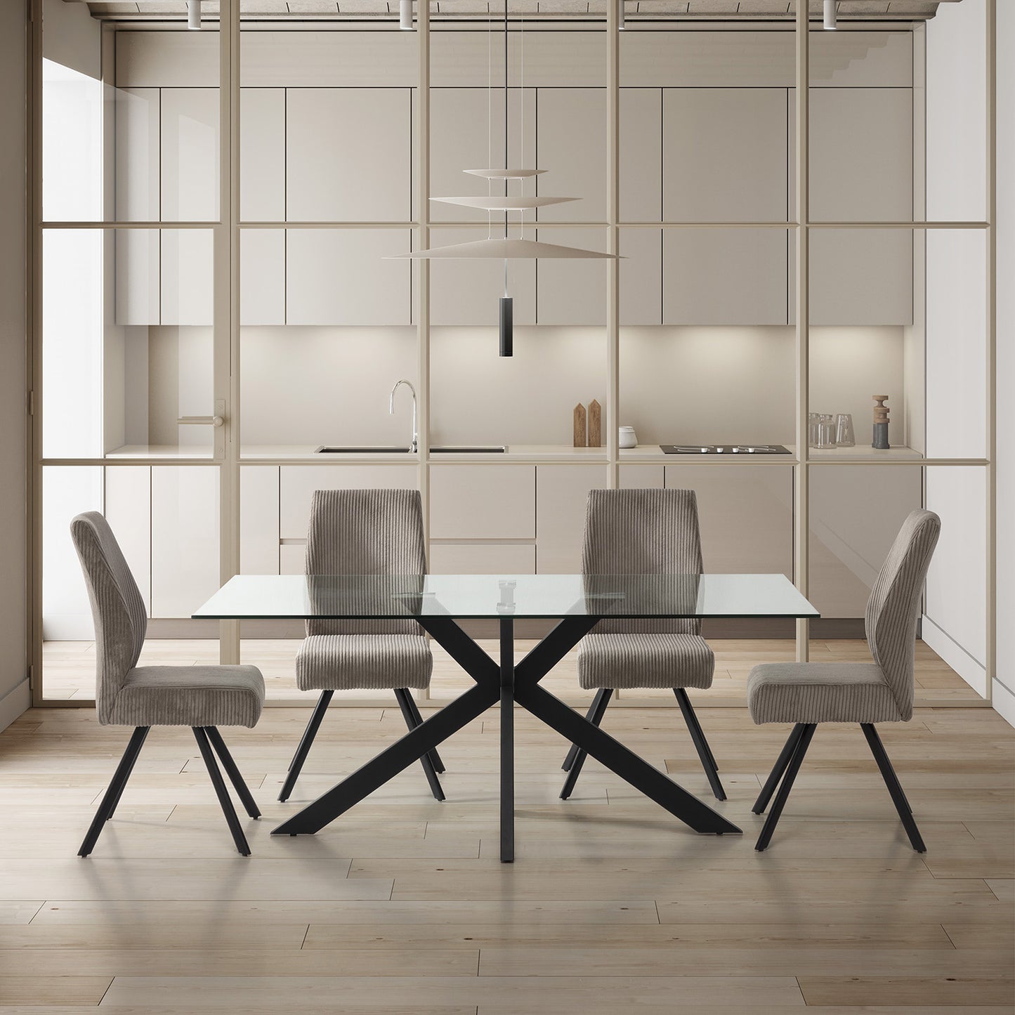 Mesa comedor Celia de metal negro y cristal templado