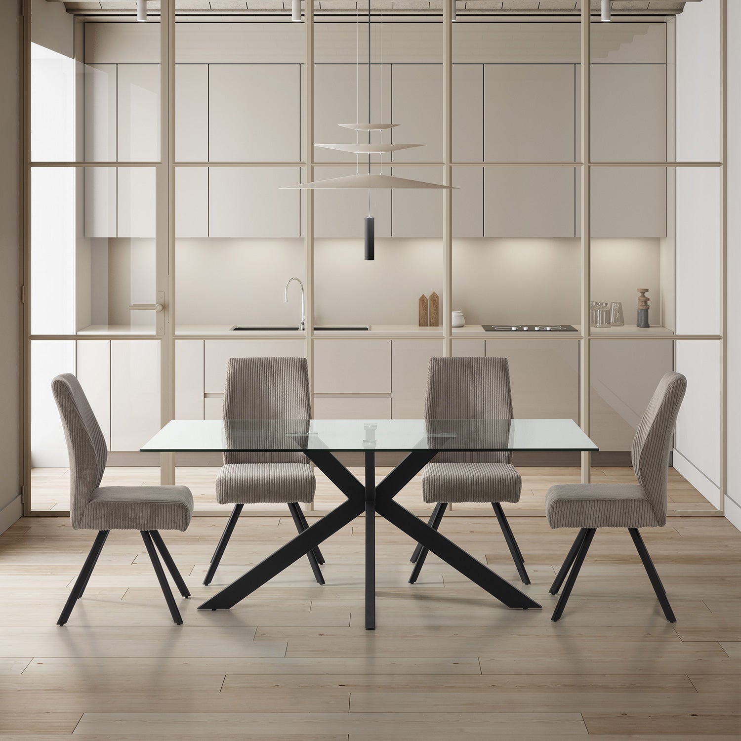 Mesa comedor Celia de metal negro y cristal templado