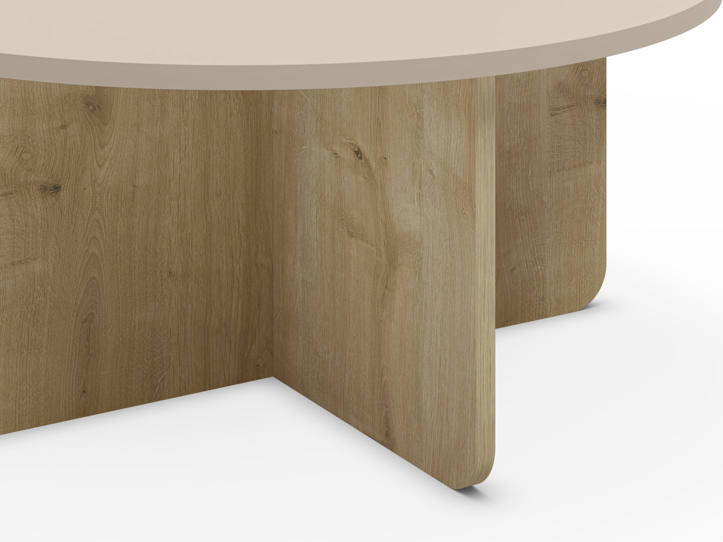 Mesa de centro redonda en color crema, fabricada de melamina y roble.