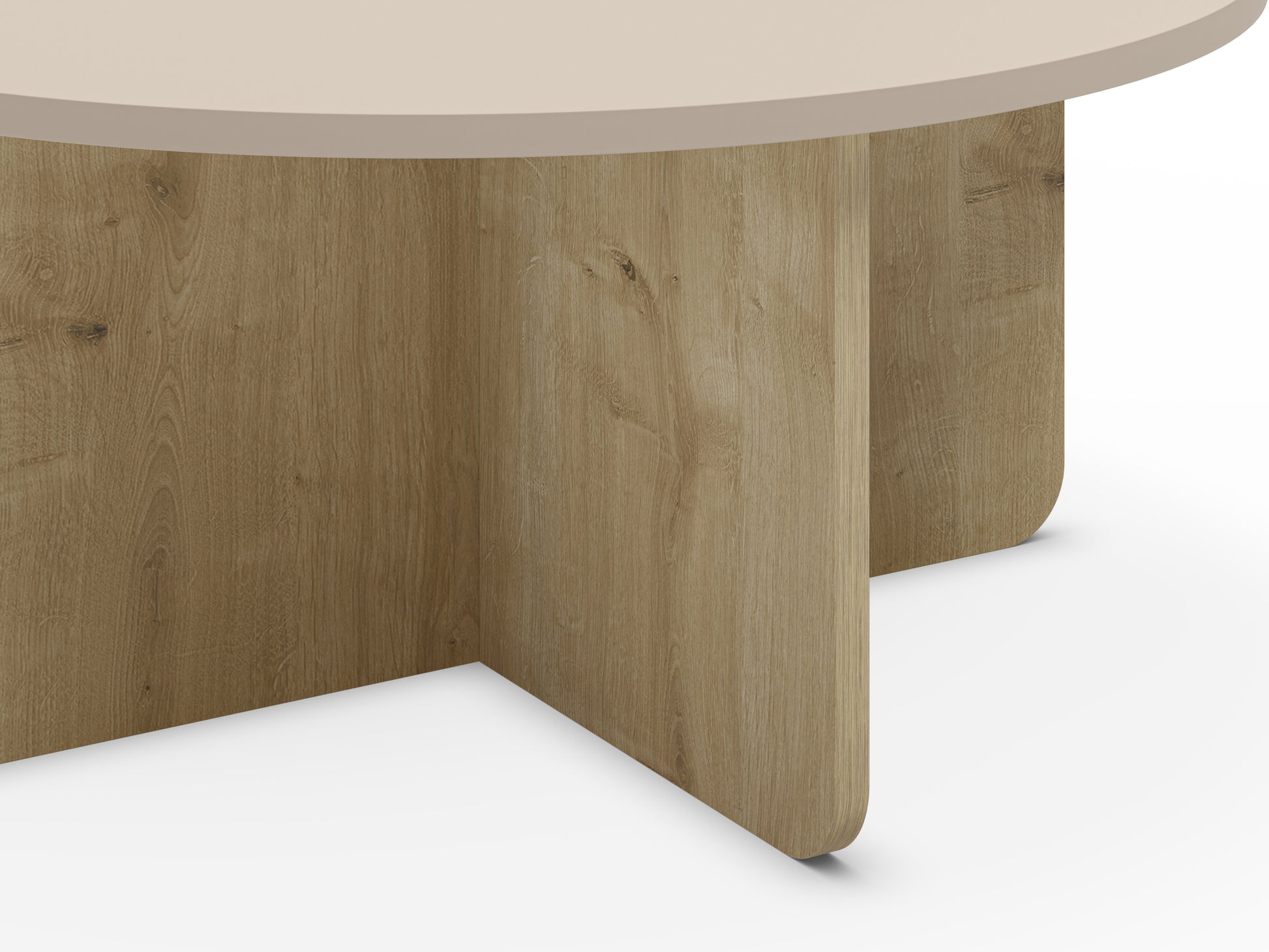 Mesa de centro redonda en color crema, fabricada de melamina y roble.