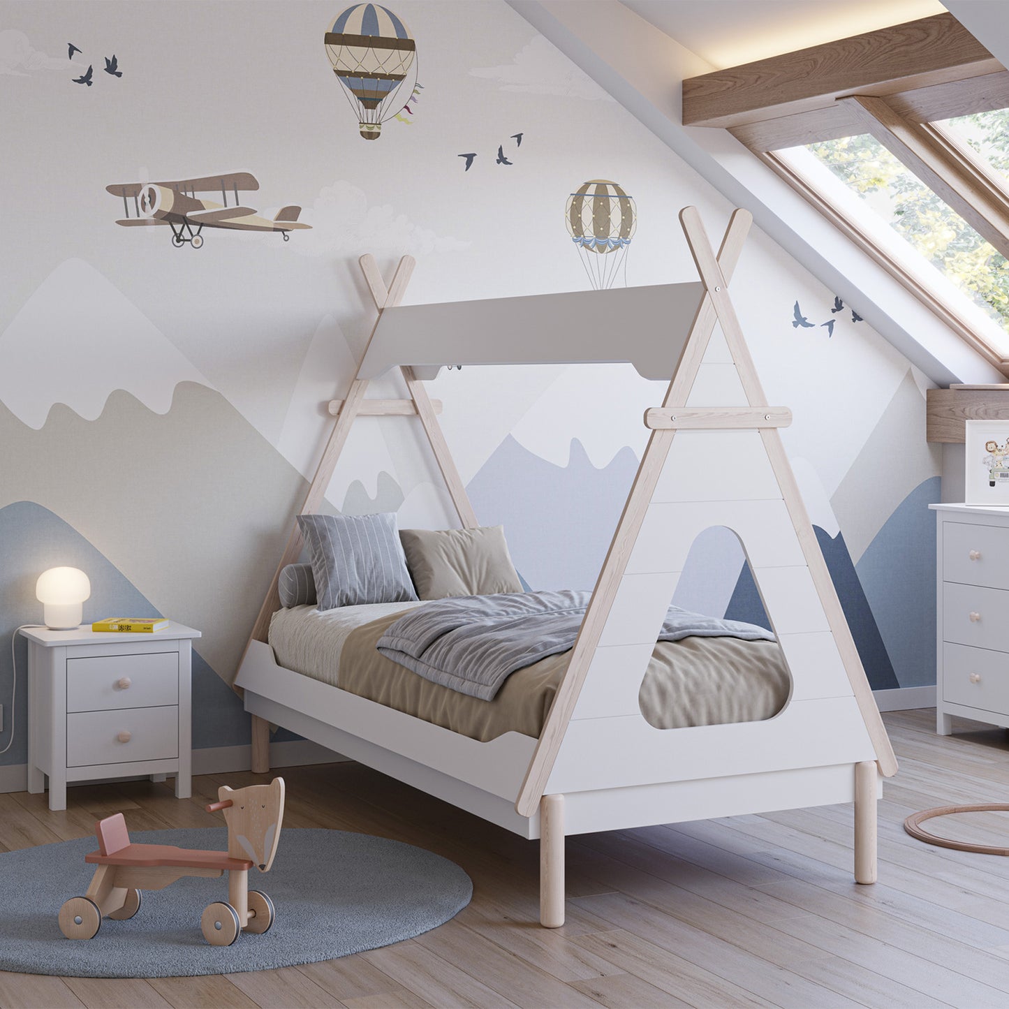 Cama infantil tipo cabaña tipi en color blanco con somier